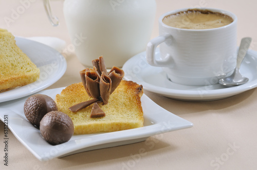 Photo: Breakfast with coffee, toasts, and chocolate Breakfast with coffee, toasts, and chocolate