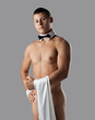 athletic man like striptease waiter hold towel athletic man like striptease waiter hold towel