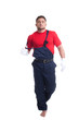 Handsome young man taking off his overalls Handsome young man taking off his overalls