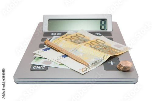 Photo: money with calculator and gold pen isolated on white background money with calculator and gold pen isolated on white background