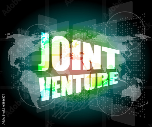 Illustration: joint venture words on digital screen background with world map joint venture words on digital screen background with world map