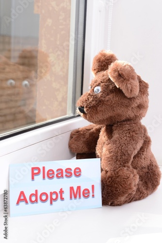 Photo: Toy-bear looking out window close-up Toy-bear looking out window close-up