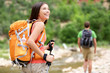 People hiking - woman hiker walking in Zion Park People hiking - woman hiker walking in Zion Park