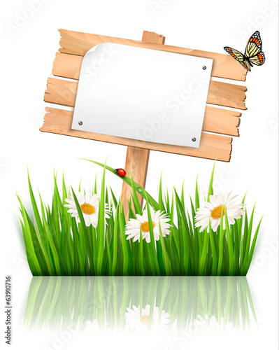 Vector: Nature background with grass and sign and a paper. Vector. Nature background with grass and sign and a paper. Vector.