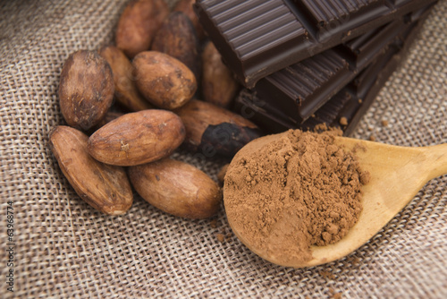 Photo: Cocoa (cacao) beans with chocolate Cocoa (cacao) beans with chocolate