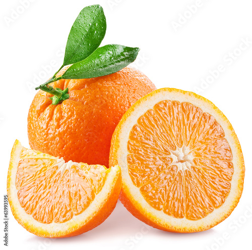 Oranges with slice and leaves isolated on a white background.
