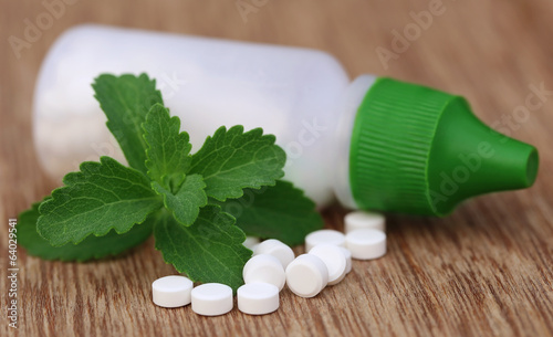 Photo: Stevia with sweetening tablets and bottle Stevia with sweetening tablets and bottle