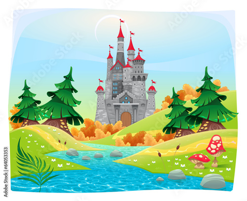 Vector: Mythological landscape with medieval castle. Mythological landscape with medieval castle.