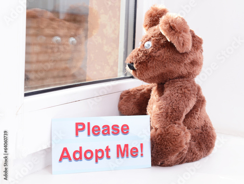 Photo: Toy-bear looking out window close-up Toy-bear looking out window close-up
