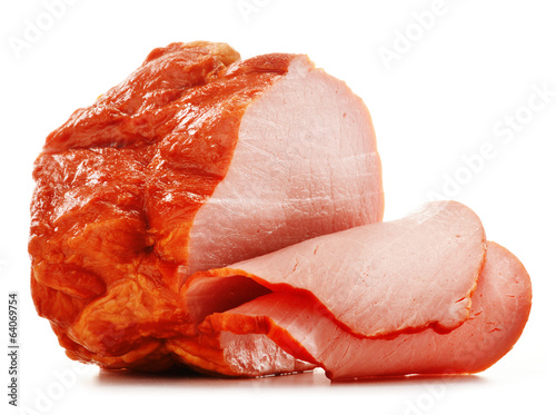 Photo: Piece of fresh ham isolated on white Piece of fresh ham isolated on white