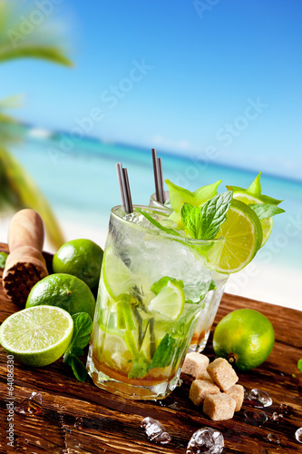 Photo: Fresh mojito cocktail on wood Fresh mojito cocktail on wood
