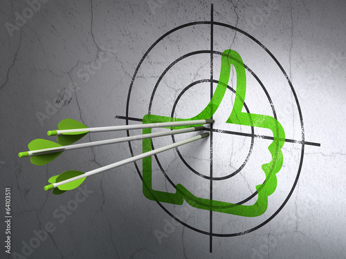Illustration: Social network concept: arrows in Thumb Up target on wall Social network concept: arrows in Thumb Up target on wall