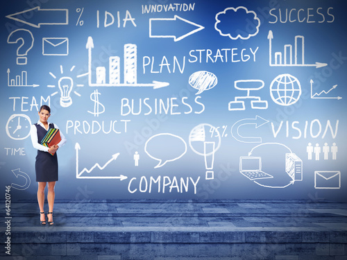 Photo: Business woman over business background Business woman over business background