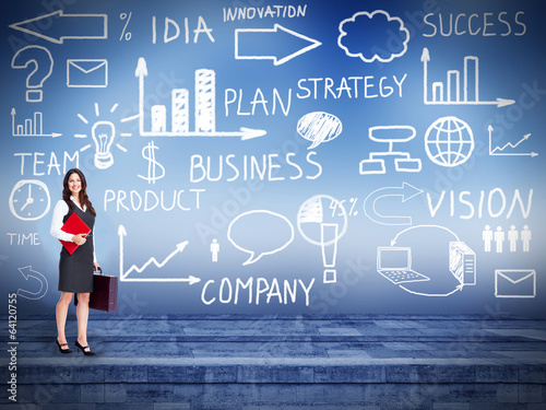 Photo: Business woman over business background Business woman over business background