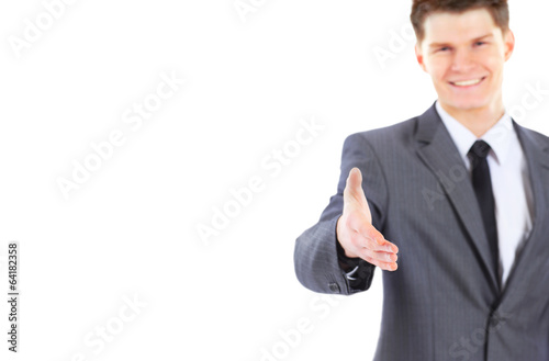 Photo: A business man with an open hand ready to seal A business man with an open hand ready to seal
