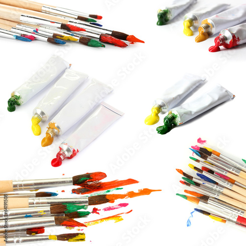 Photo: Collage of paint brushes with acrylic paint in tubes isolated Collage of paint brushes with acrylic paint in tubes isolated