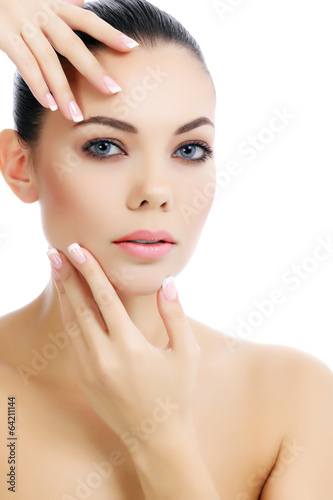 Photo: Part of female face and hands, white background, copyspace Part of female face and hands, white background, copyspace