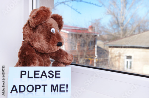 Photo: Toy-bear looking out window close-up Toy-bear looking out window close-up