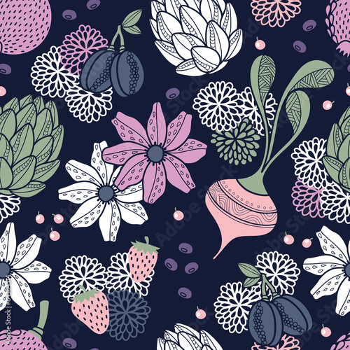 Vector: Flowers, vegetables and fruits seamless pattern Flowers, vegetables and fruits seamless pattern