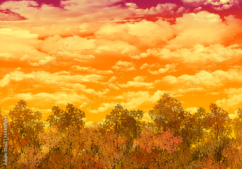 Illustration: 森と空の背景・秋空 森と空の背景・秋空
