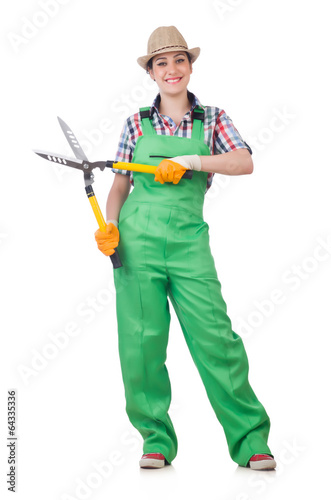 Photo: Young woman with shears on white Young woman with shears on white