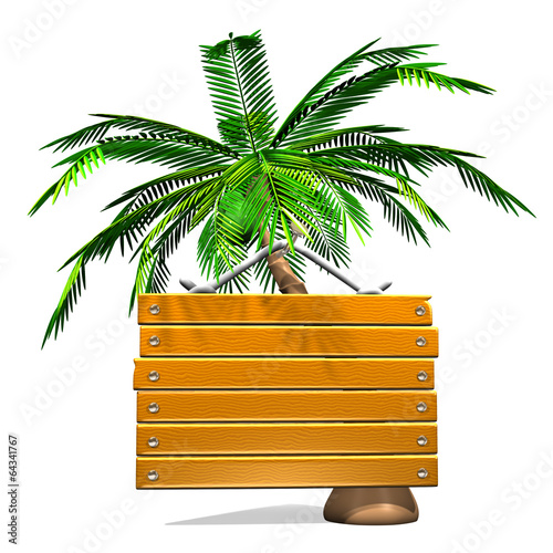 Illustration: Front View Of Wooden Message Board With Palm Tree Front View Of Wooden Message Board With Palm Tree