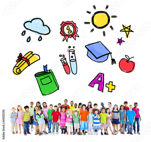 Illustration: Large Group of Multiethnic Children School Activities Large Group of Multiethnic Children School Activities