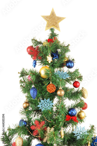 Photo: Decorated Christmas tree with gifts isolated on white Decorated Christmas tree with gifts isolated on white