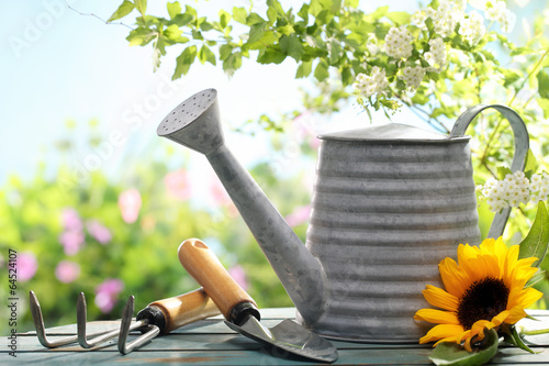 Photo: Outdoor gardening tools and flowers Outdoor gardening tools and flowers