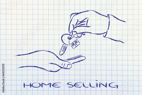 Photo: real estate market, hands giving house key real estate market, hands giving house key