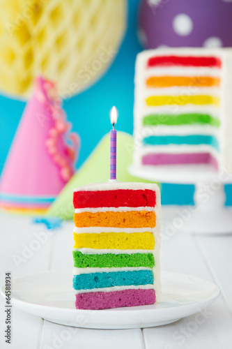 Photo: Colorful slice of rainbow birthday cake Colorful slice of rainbow birthday cake