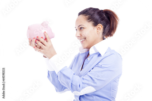 Photo: Happy business woman with piggy bank, isolated on white Happy business woman with piggy bank, isolated on white