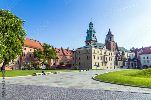 Wawel castle on sunny day with blue sky and white clouds