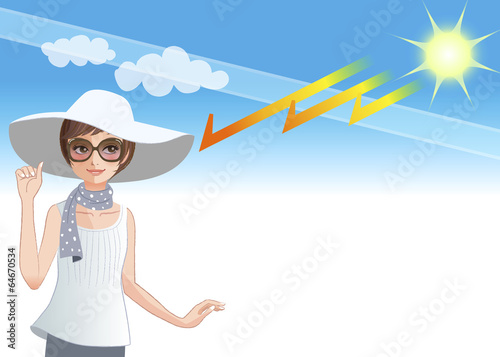 Vector: 紫外線 UV 光線 女性 Young woman wearing a hat to protect from sunlight 紫外線 UV 光線 女性 Young woman wearing a hat to protect from sunlight