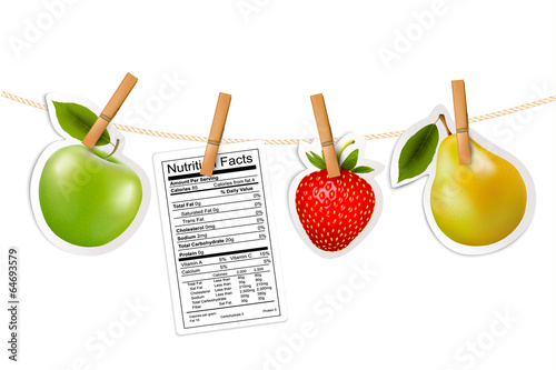 Vector: Fruit stickers and a nutrition label hanging on a rope. Vector. Fruit stickers and a nutrition label hanging on a rope. Vector.