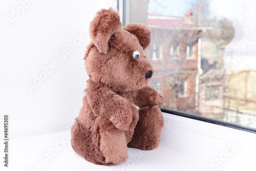 Photo: Toy-bear looking out window close-up Toy-bear looking out window close-up