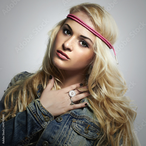 Photo: fashion beautiful girl in jeans.beauty blond woman.hippie style fashion beautiful girl in jeans.beauty blond woman.hippie style