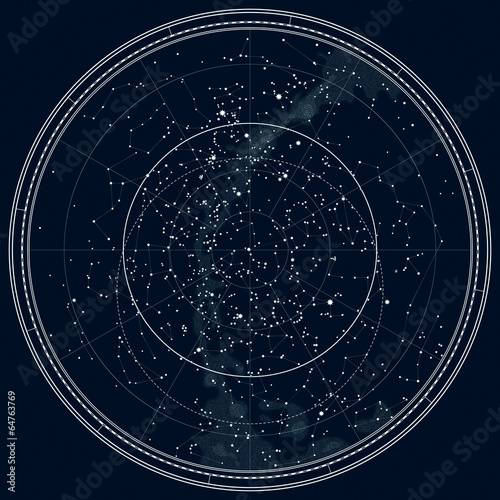 Zdjęcie XXL Astronomiczna niebieska mapa półkuli północnej. Szczegółowy wykres. Wersja Night Black Ink.