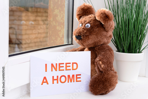 Photo: Toy-bear looking out window close-up Toy-bear looking out window close-up
