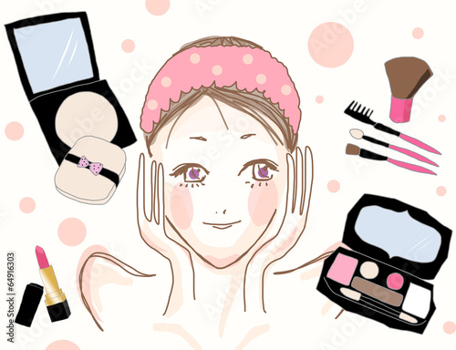 Illustration: メイク前の女の子とメイク用品 メイク前の女の子とメイク用品