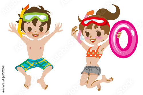Vector: Swimwear Kids Jumping Isolated Swimwear Kids Jumping Isolated