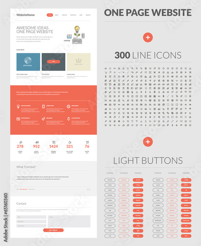 Vector: One page website design template, set of icons and buttons One page website design template, set of icons and buttons