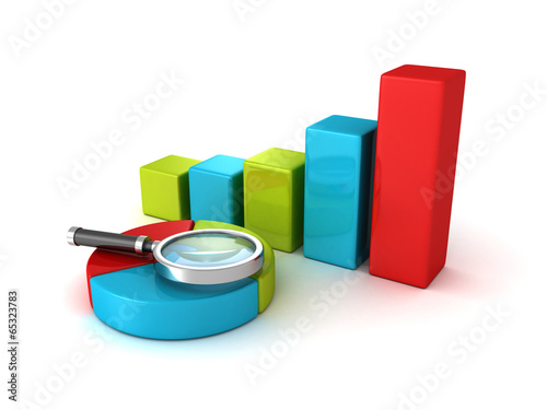 Illustration: pie and bar chart diagrams and magnifier glass pie and bar chart diagrams and magnifier glass