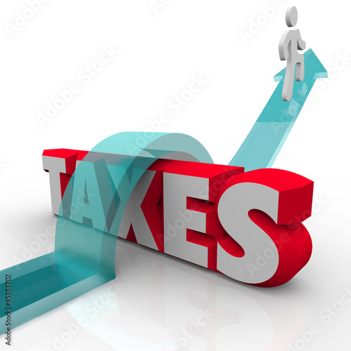 Illustration: Taxes Word Man Jumping Over Money Owed Government Loophole Avoid Taxes Word Man Jumping Over Money Owed Government Loophole Avoid