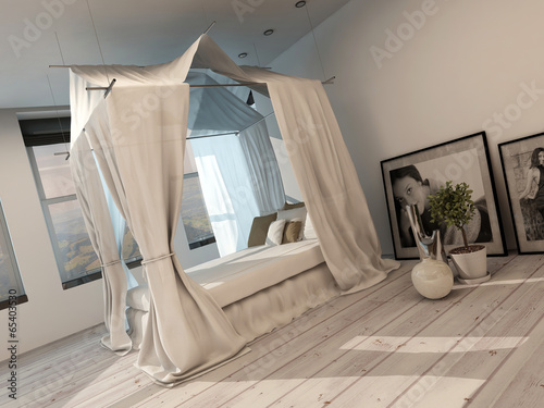Illustration: Stylish modern bedroom interior with a four poster Stylish modern bedroom interior with a four poster