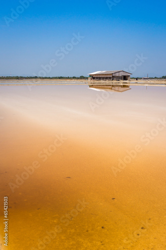 Photo: Dunaliella salina in salt evaporation pond and wooden storehouse Dunaliella salina in salt evaporation pond and wooden storehouse