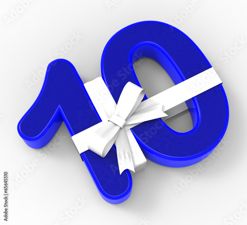 Illustration: Number Ten With Ribbon Displays Ten Years Celebration Or Anniver Number Ten With Ribbon Displays Ten Years Celebration Or Anniver