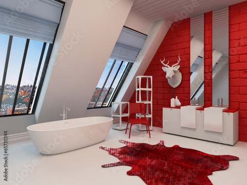 Illustration: Dramatic spacious red and white bathroom interior Dramatic spacious red and white bathroom interior