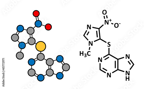 Illustration: Azathioprine immunosuppressive drug, chemical structure. Azathioprine immunosuppressive drug, chemical structure.