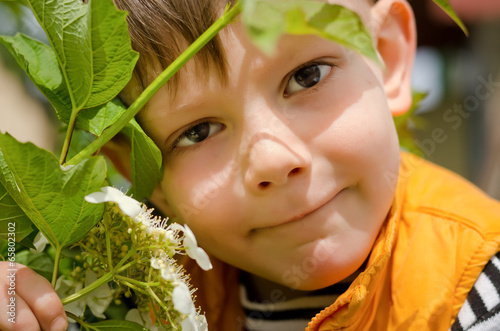 Photo: Boy Holding Plant Close to Face Boy Holding Plant Close to Face